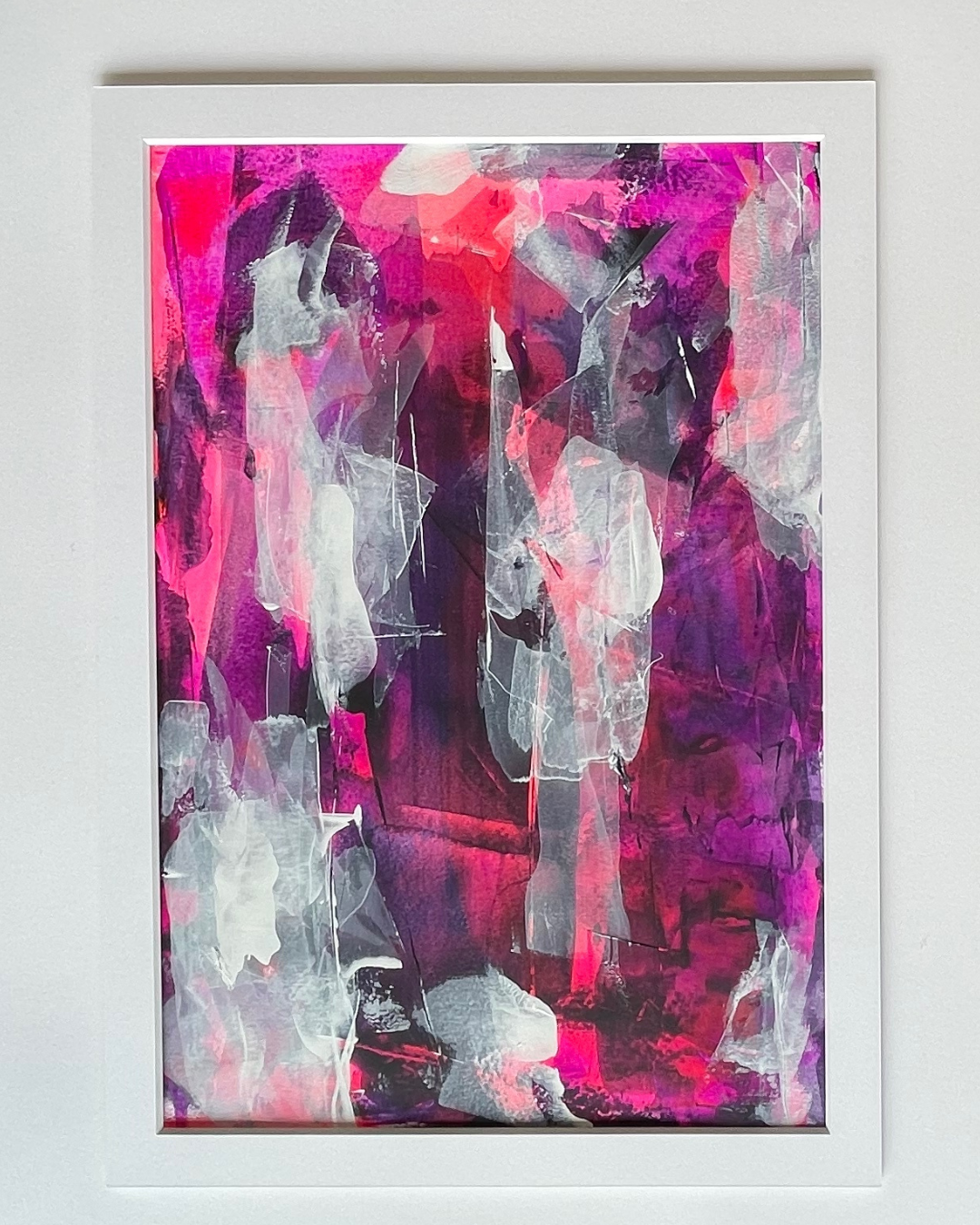 Masquerade. Pink, violet and white abstract painting on paper. A2. Chris Moss Art.