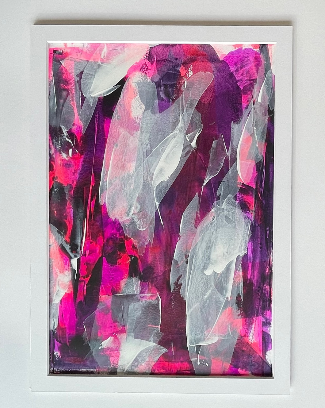 Overture. Pink, violet and white abstract painting on paper. A2. Chris Moss Art.