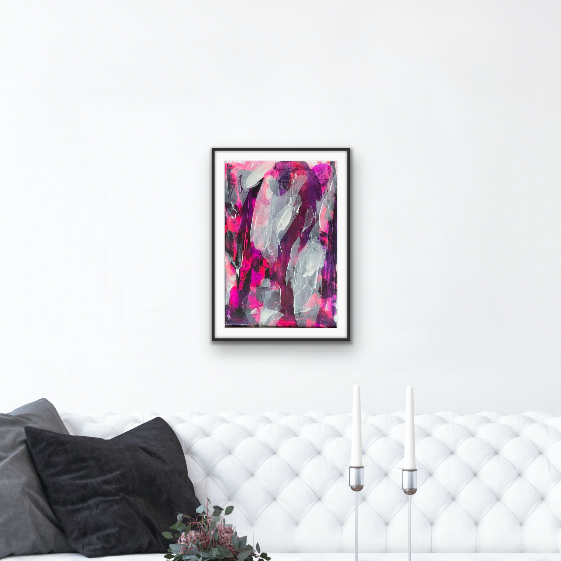Overture. Pink, violet and white abstract painting on paper. A2. Chris Moss Art.
