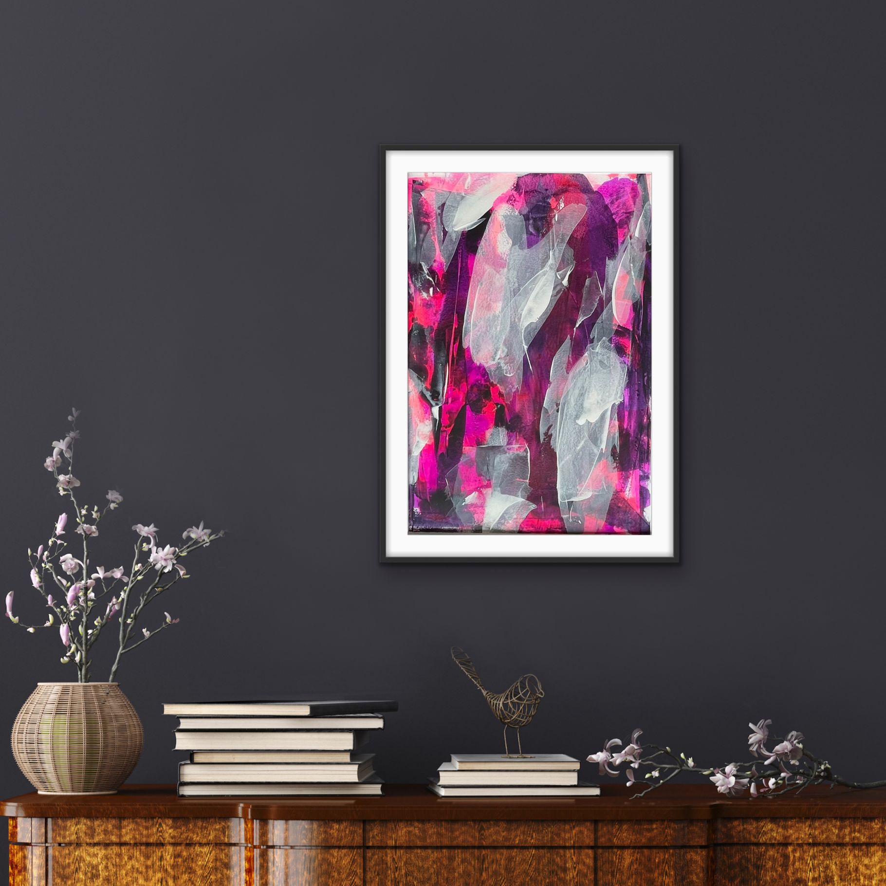 Overture. Pink, violet and white abstract painting on paper. A2. Chris Moss Art.