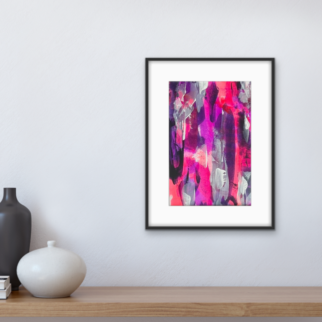 Crescendo. Pink, violet and white abstract painting on paper. A3. Chris Moss Art
