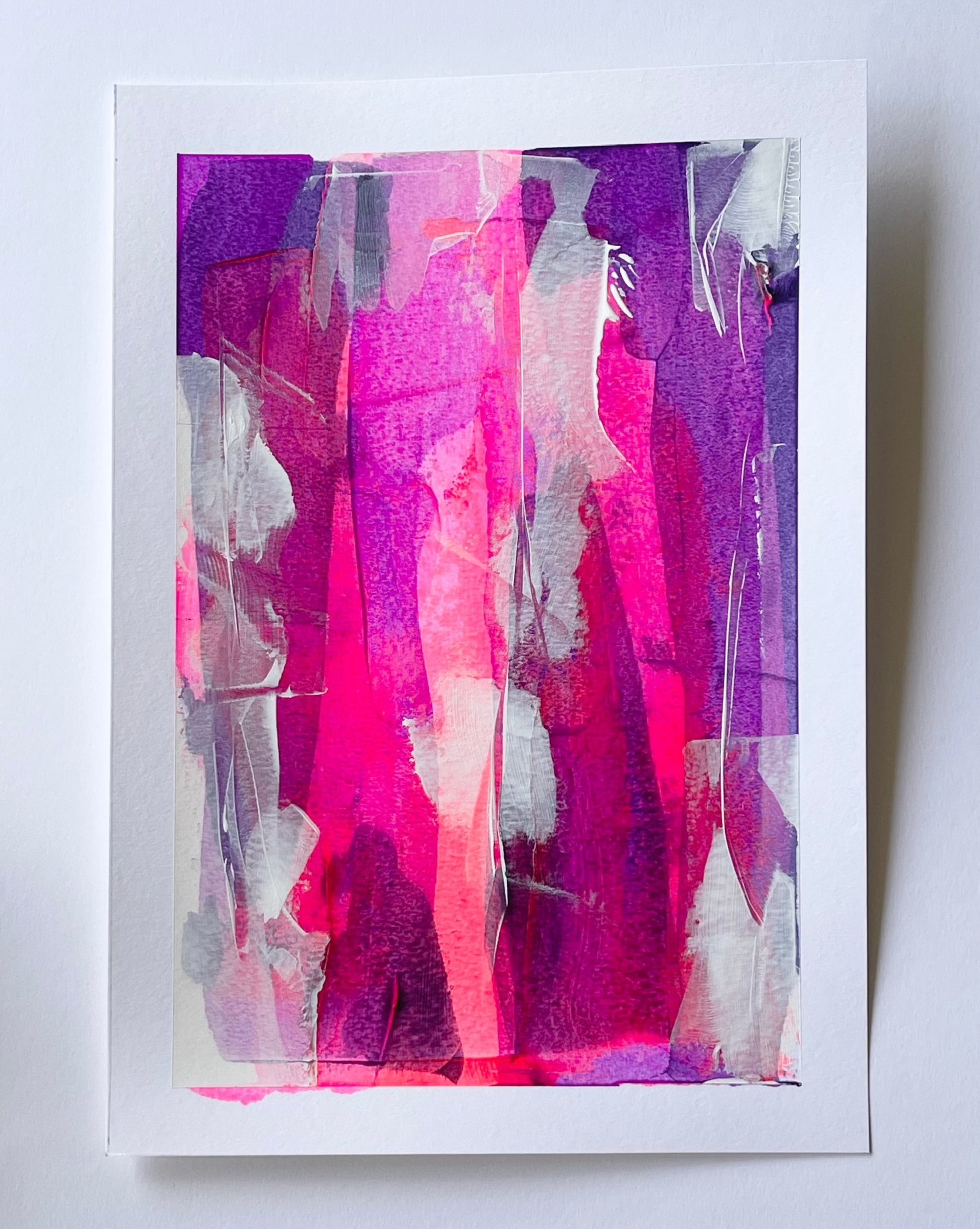 Veil. Pink, violet and white abstract painting on paper. A4. Chris Moss Art.