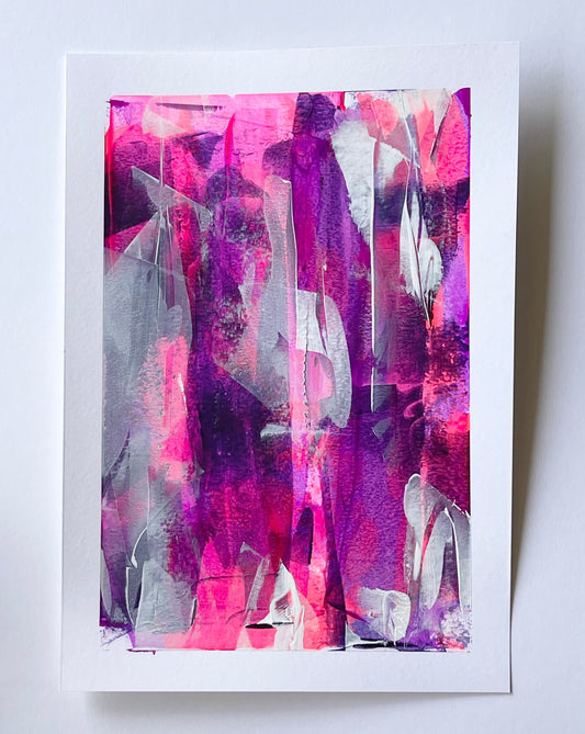 Enigma. Pink, violet and white abstract painting on paper. A4. Chris Moss Art.