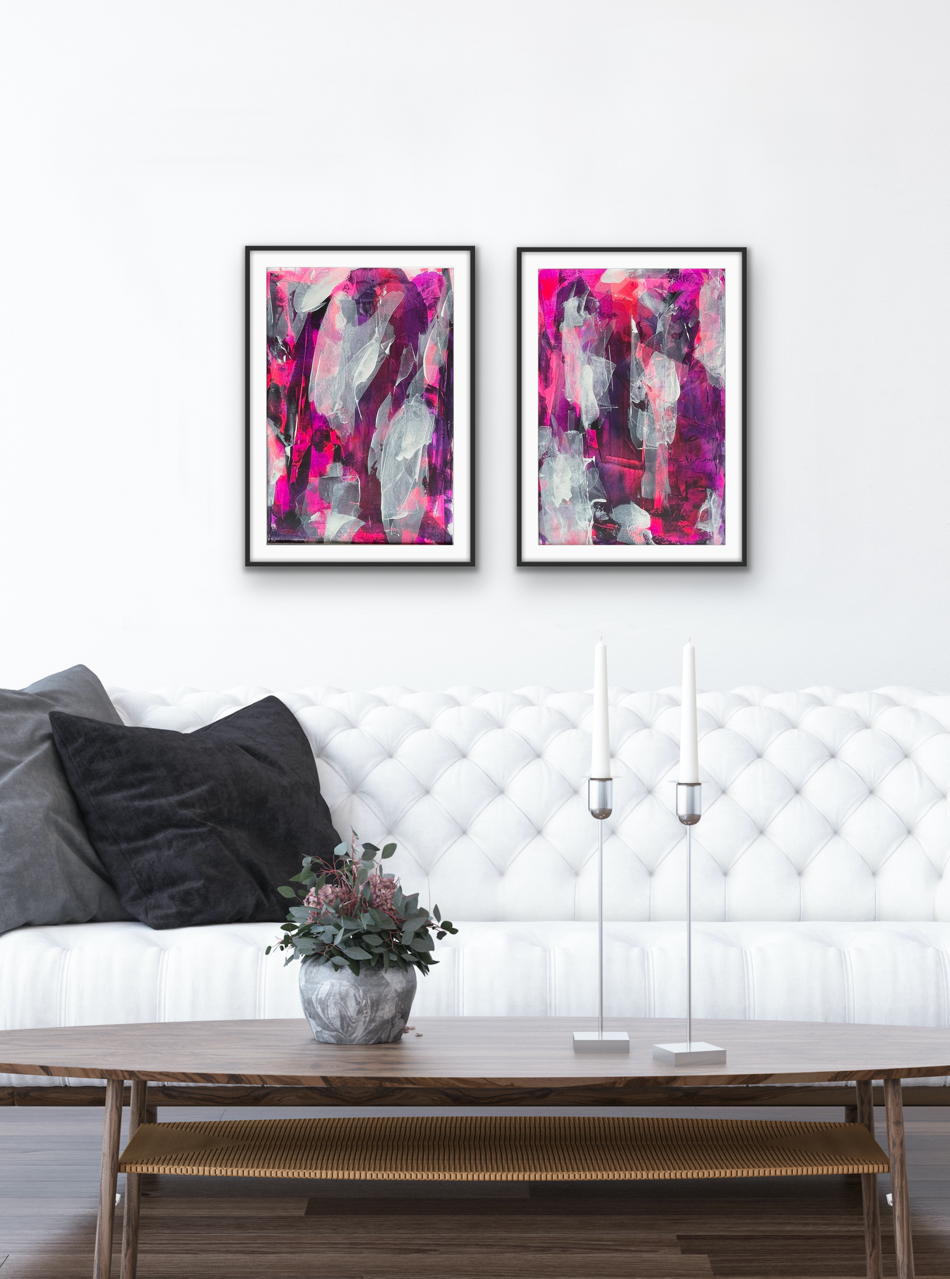 Masquerade & Overture. Pink, violet and white abstract paintings on paper. A2. Chris Moss Art.