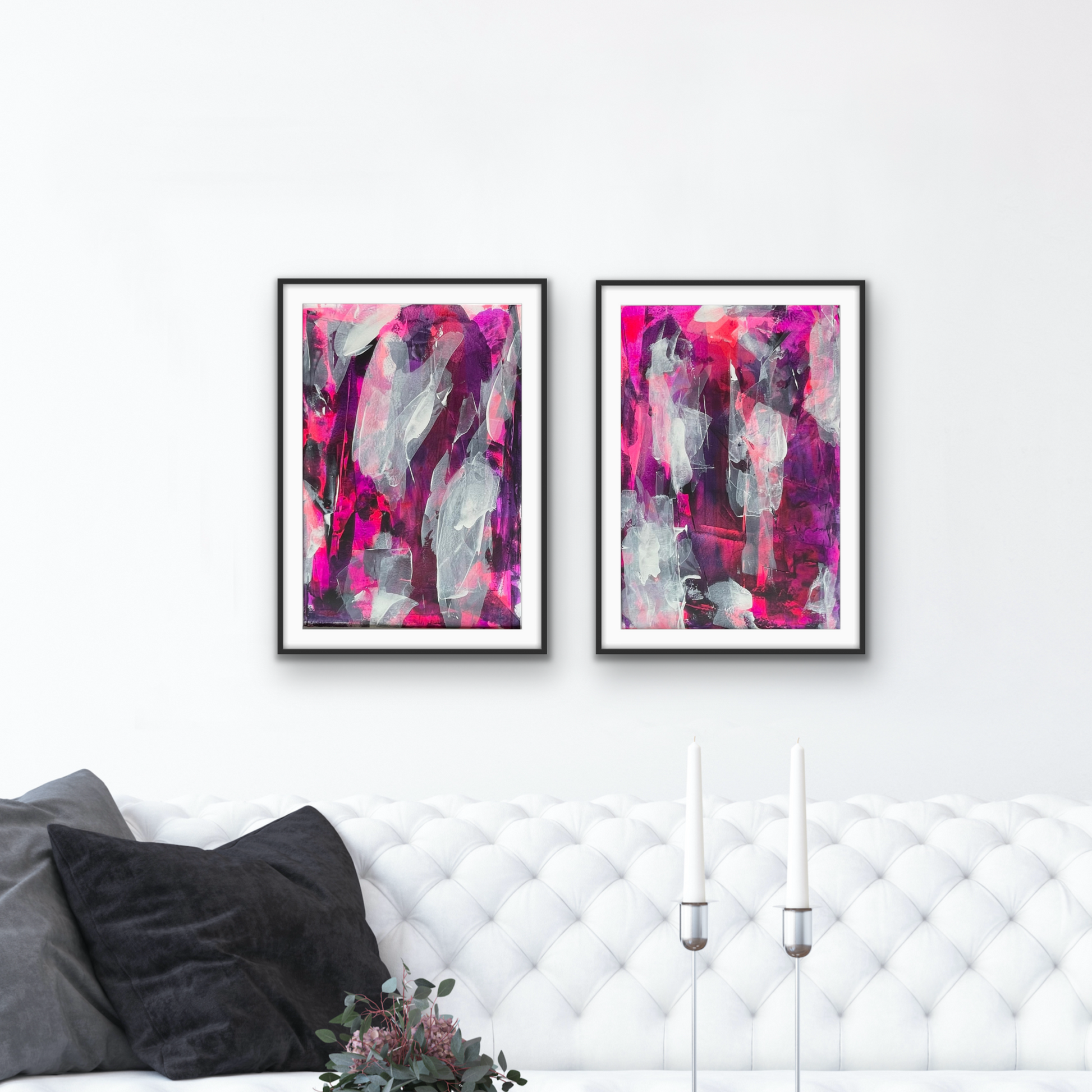Overture & Masquerade. Pink, violet and white abstract paintings on paper. A2. Chris Moss Art.