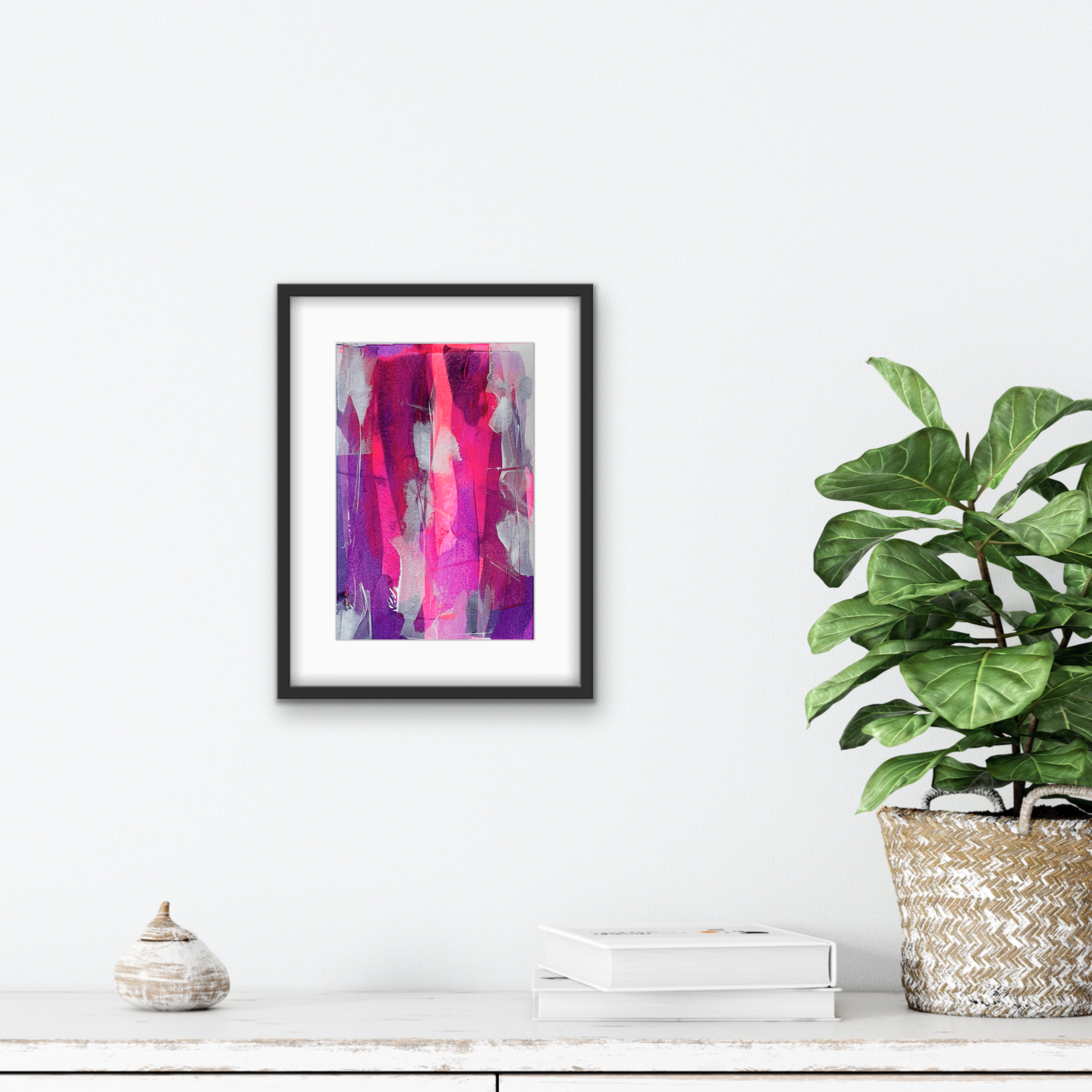 Veil. Pink, violet and white abstract painting on paper. A4. Chris Moss Art.