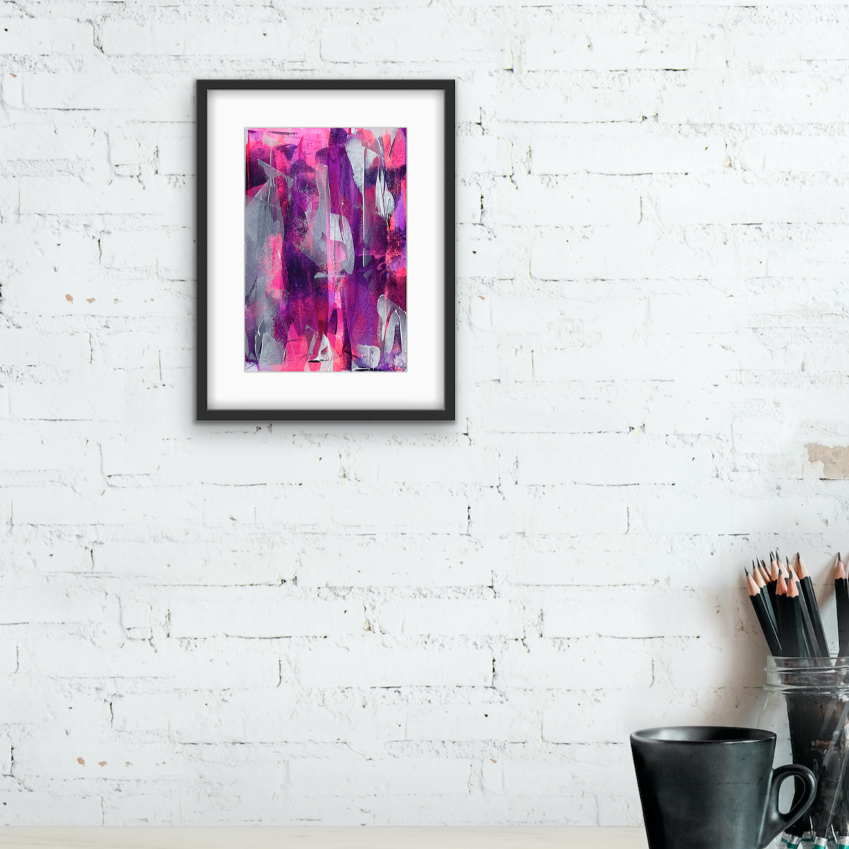 Enigma. Pink, violet and white abstract painting on paper. A4. Chris Moss Art.