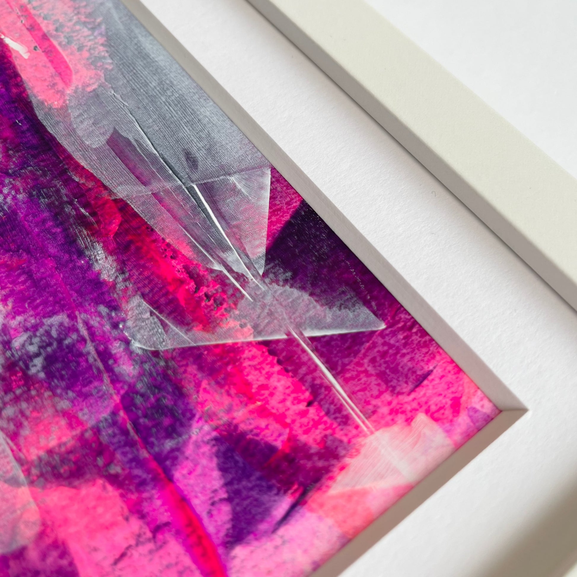 Enigma. Pink, violet and white abstract painting on paper. A4. Chris Moss Art.