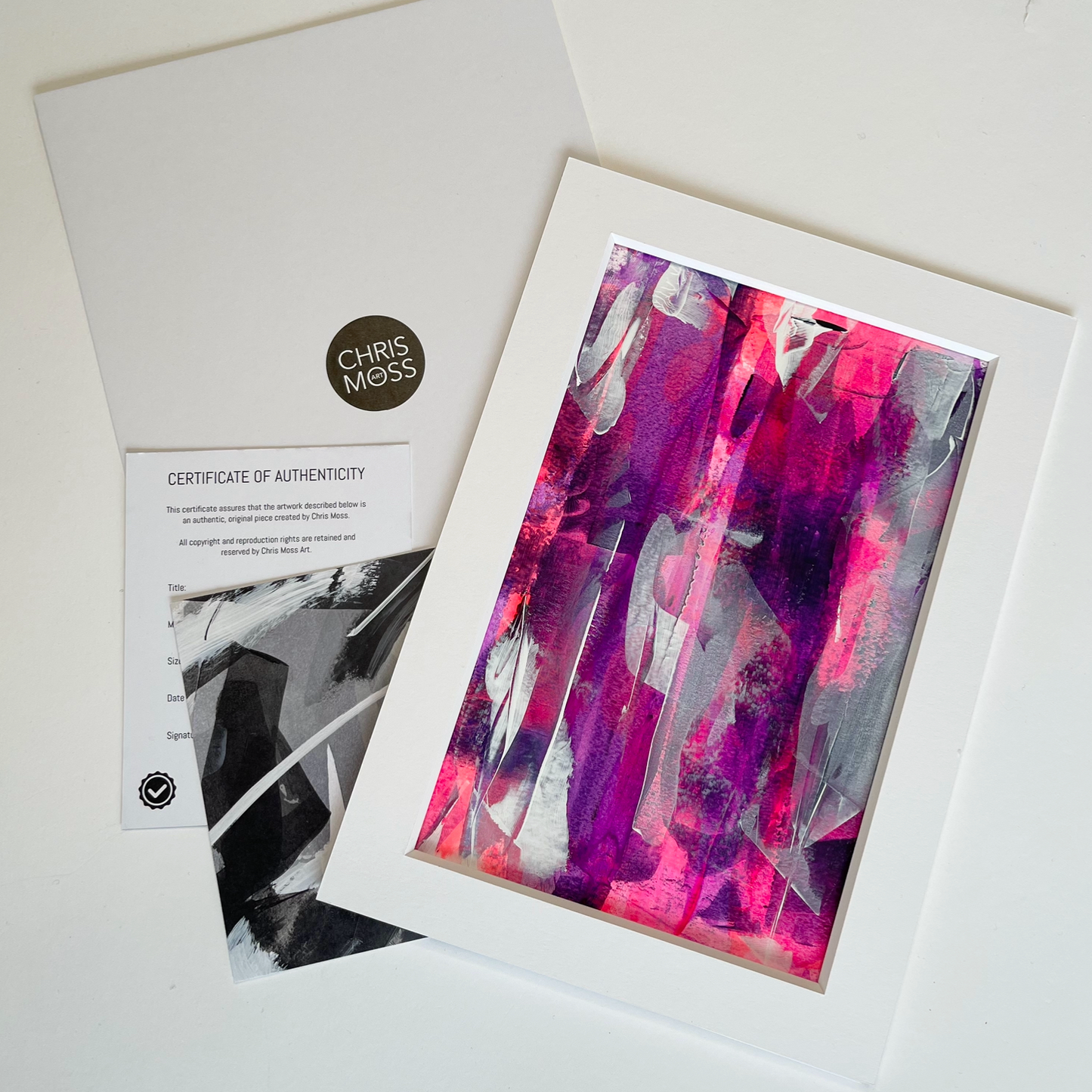 Enigma. Pink, violet and white abstract painting on paper. A4. Chris Moss Art.