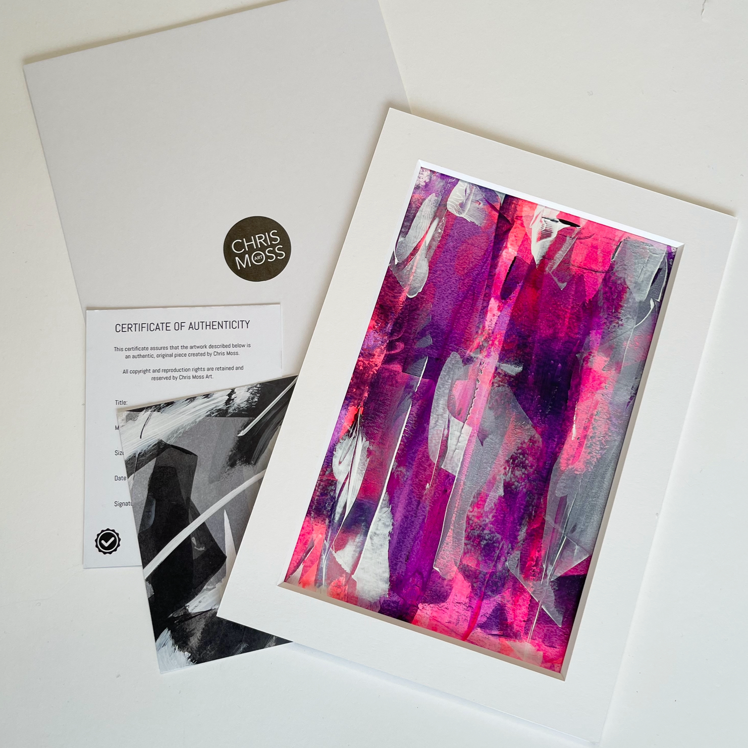 Enigma. Pink, violet and white abstract painting on paper. A4. Chris Moss Art.