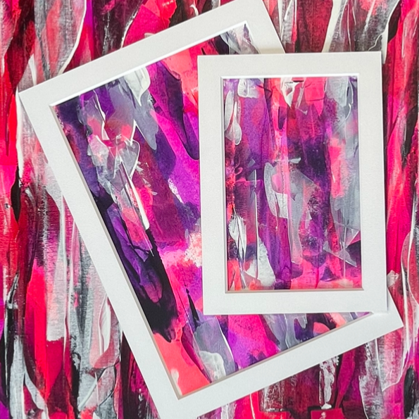 Enigma. Pink, violet and white abstract painting on paper. A4. Chris Moss Art.