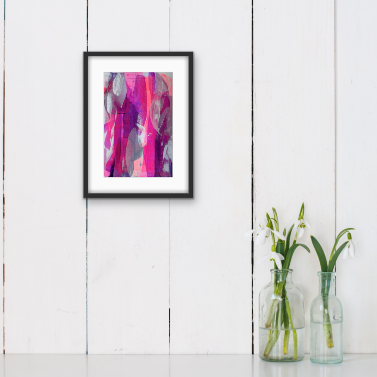 Chandelier. Pink, violet and white abstract painting on paper. A4. Chris Moss Art