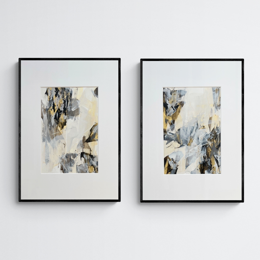 Rift - Diptych | Original Abstract Artworks on Paper  | 2 x A2 | Neutral palette with gold | Chris Moss Art