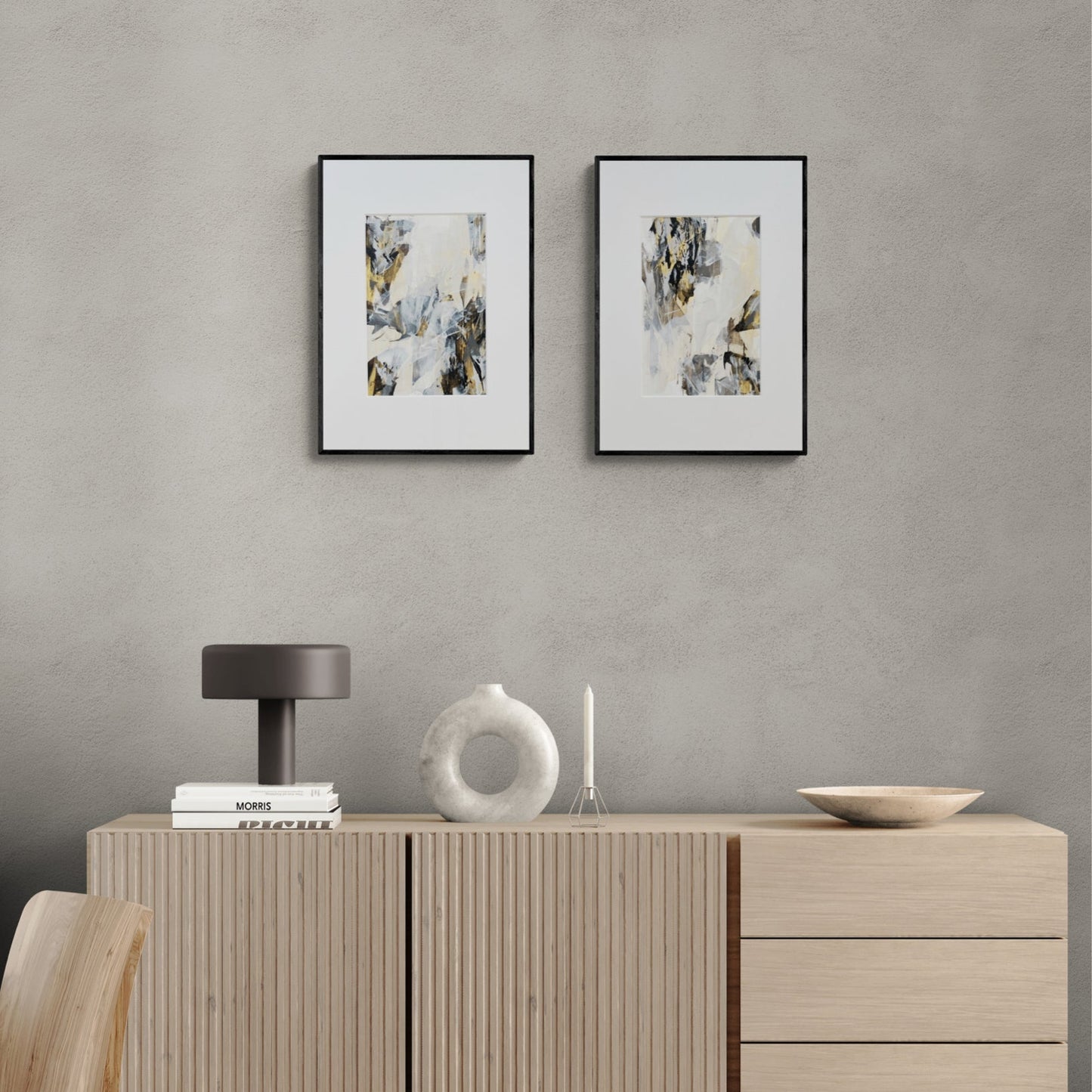 Rift - Diptych | Original Abstract Artworks on Paper  | 2 x A2 | Neutral palette with gold | Chris Moss Art