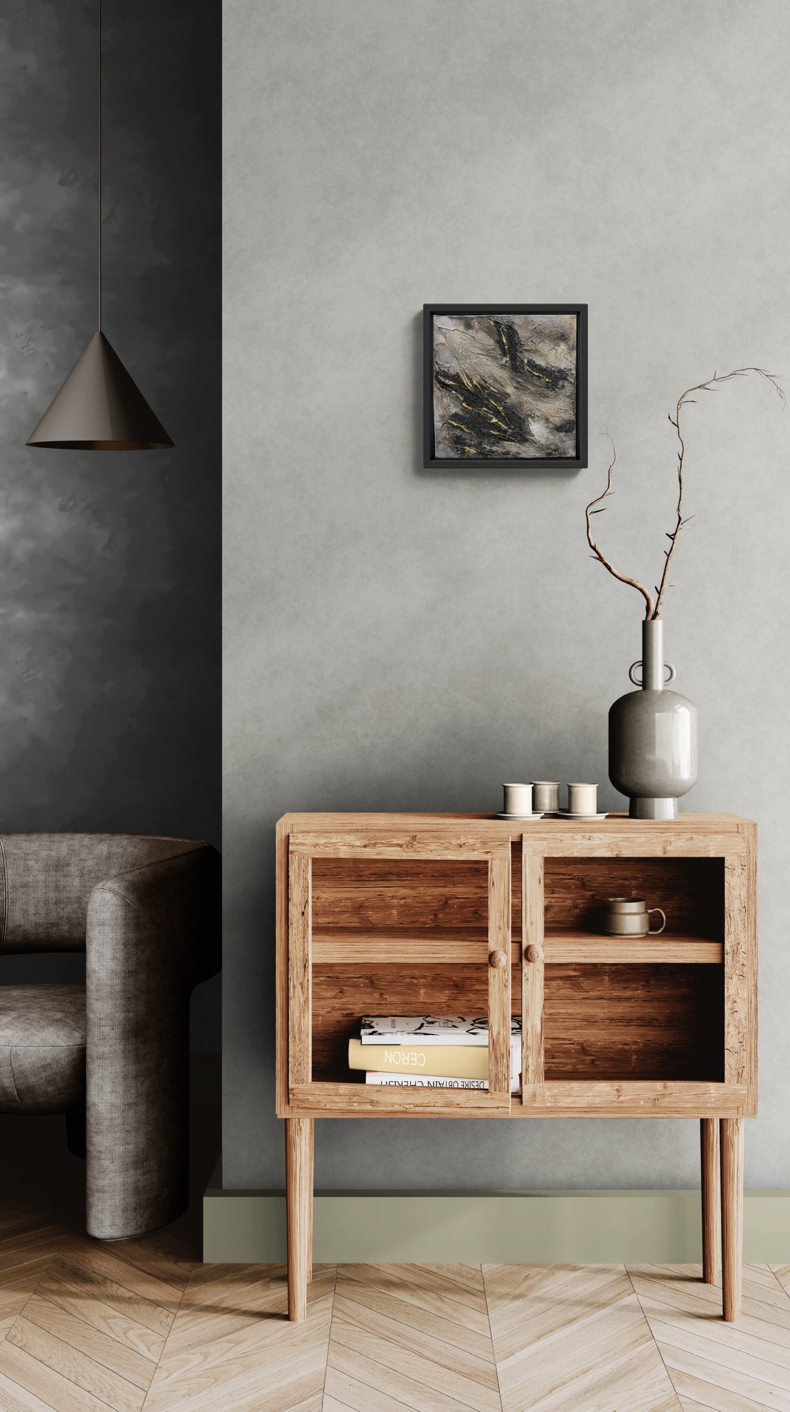 SEER | Original textured abstract artwork on canvas with neutral palette, gold-leaf and sand | 30X30cm | ready to hang in black Obeche wood frame. Chris Moss Art