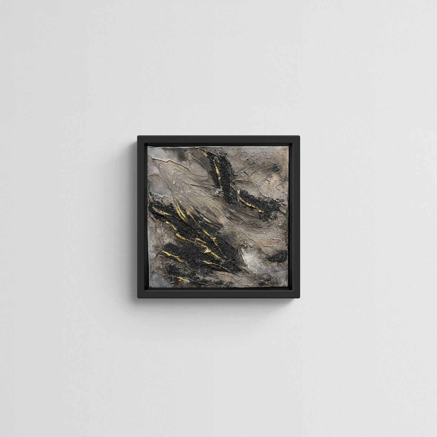 SEER | Original textured abstract artwork on canvas with neutral palette, gold-leaf and sand | 30X30cm | ready to hang in BLACK  Obeche wood frame. Chris Moss Art