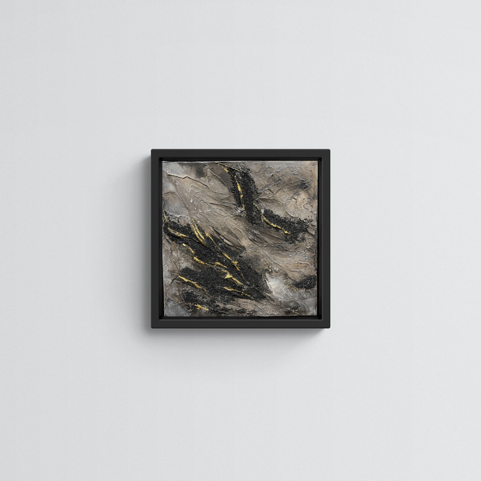 SEER | Original textured abstract artwork on canvas with neutral palette, gold-leaf and sand | 30X30cm | ready to hang in BLACK  Obeche wood frame. Chris Moss Art
