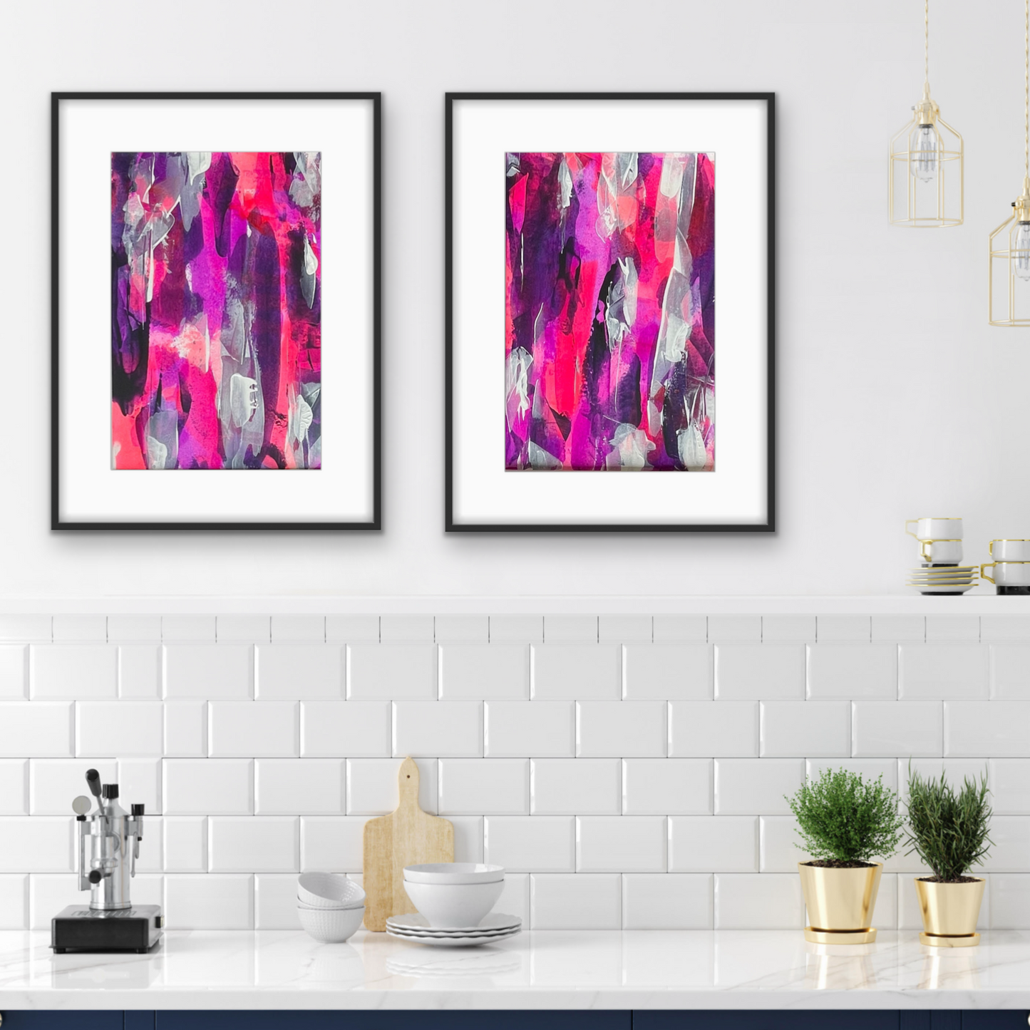 Crescendo & Encore. Pink, violet and white abstract paintings on paper. A3. Chris Moss Art