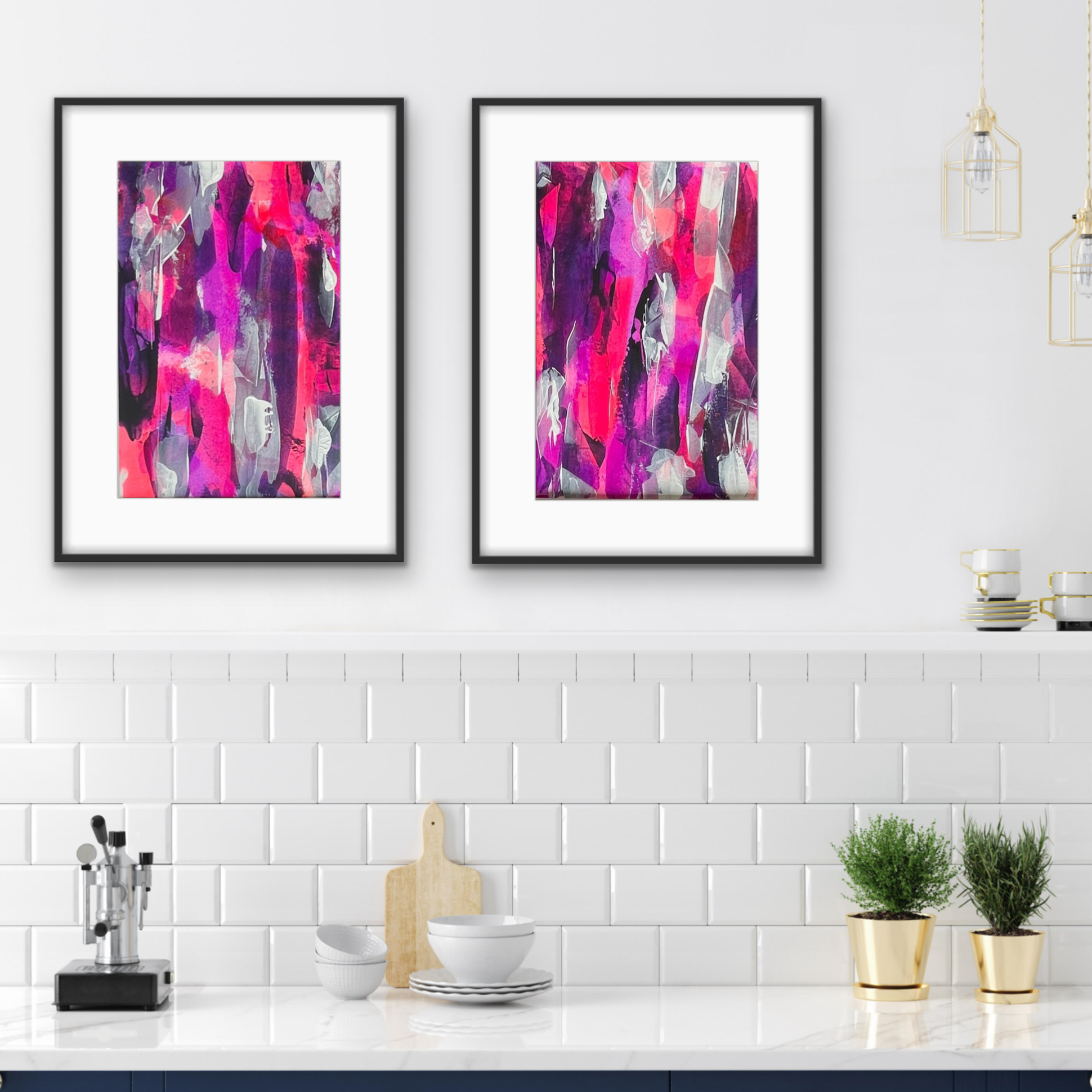 Crescendo & Encore. Pink, violet and white abstract paintings on paper. A3. Chris Moss Art