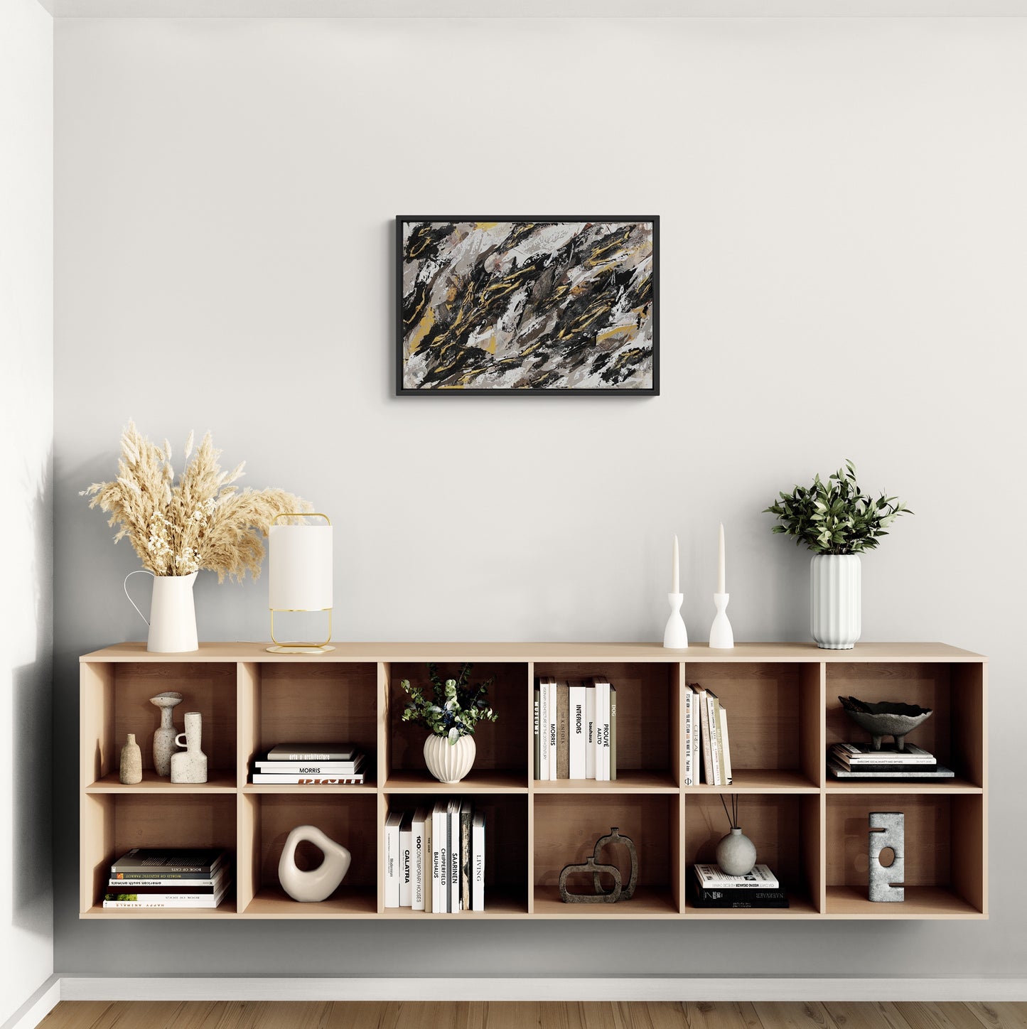 TEFARI | Original textured abstract artwork on canvas with neutral palette, gold-leaf and sand | 50X76cm | ready to hang in black Obeche wood frame. Chris Moss Art