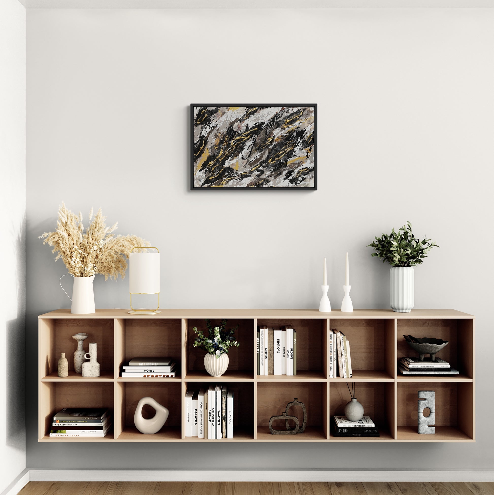 TEFARI | Original textured abstract artwork on canvas with neutral palette, gold-leaf and sand | 50X76cm | ready to hang in black Obeche wood frame. Chris Moss Art