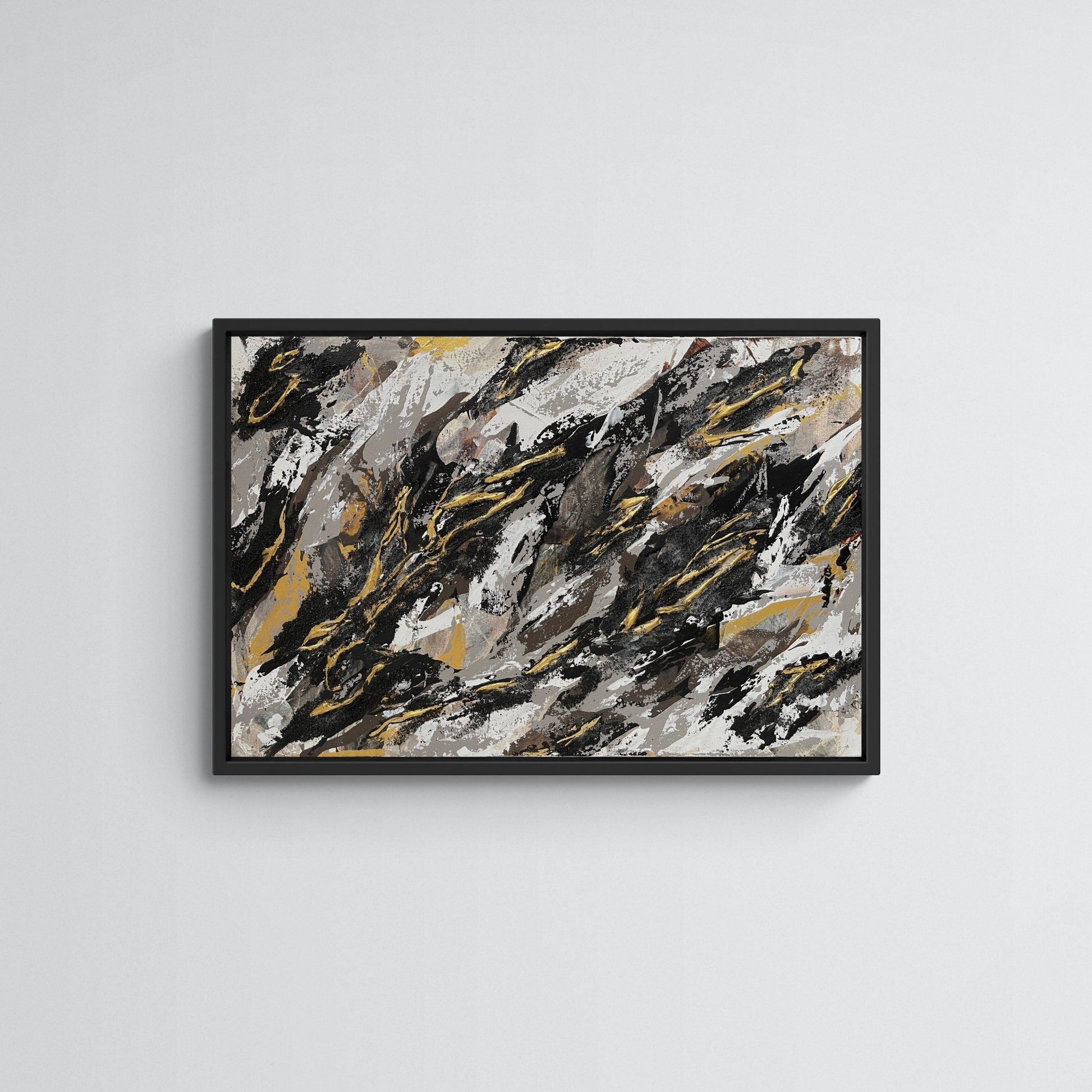 TEFARI | Original textured abstract artwork on canvas with neutral palette, gold-leaf and sand | 50X76cm | ready to hang in black Obeche wood frame. Chris Moss Art