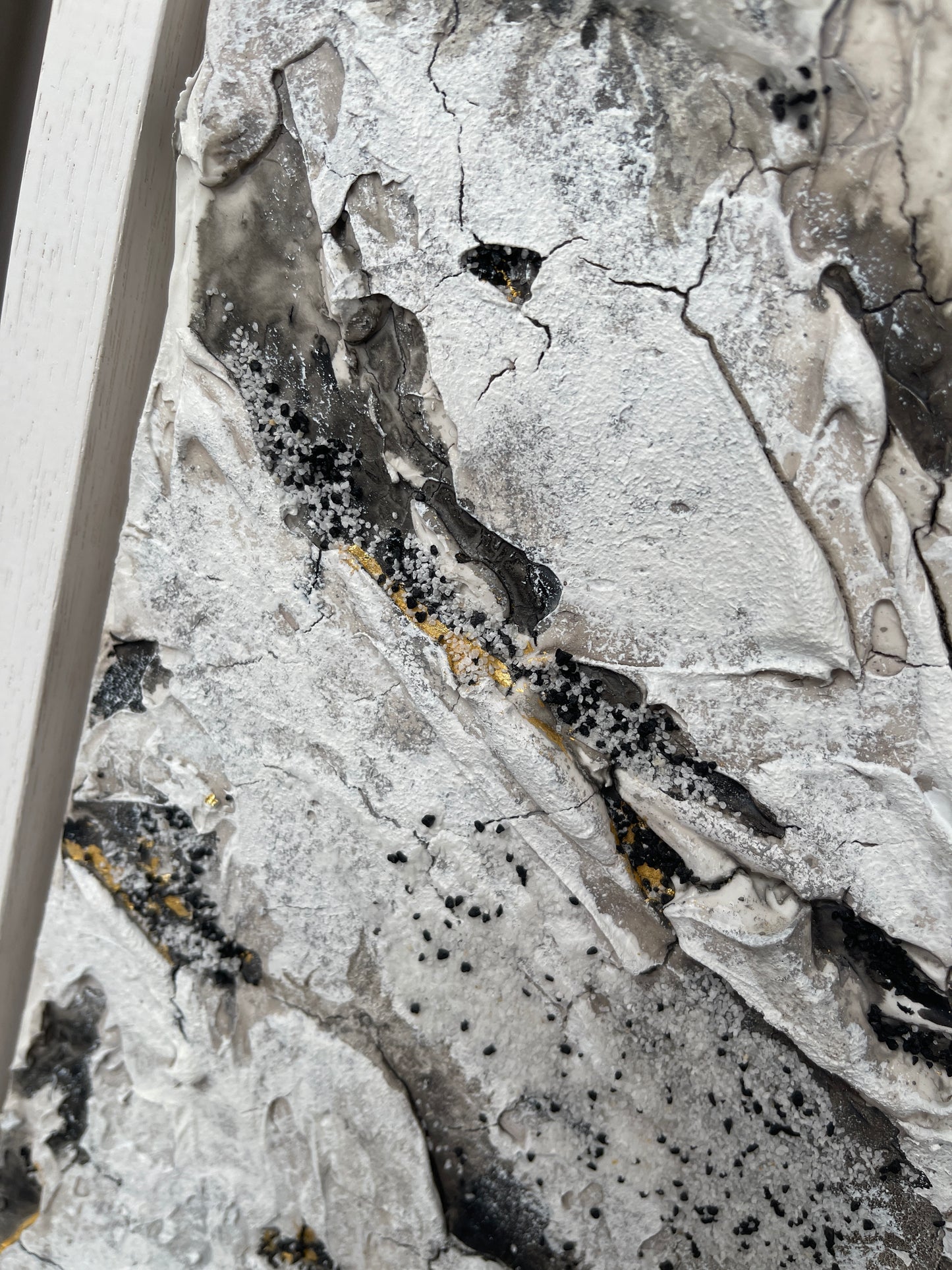 Vestal | Original textured abstract artwork on canvas with neutral palette, gold-leaf and sand |7070cm | ready to hang in white Obeche wood frame. Chris Moss Art