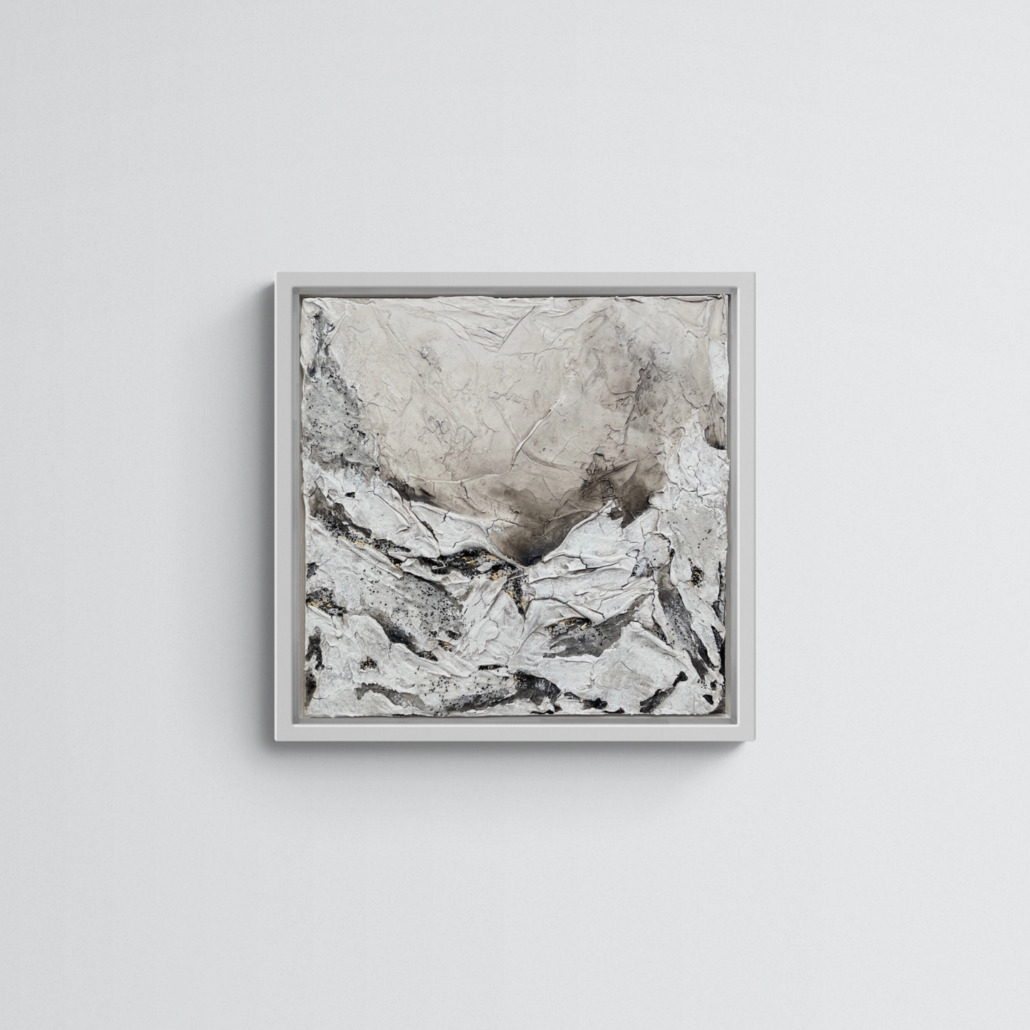 Vestal | Original textured abstract artwork on canvas with neutral palette, gold-leaf and sand | 40X40cm | ready to hang in white Obeche wood frame. Chris Moss Art