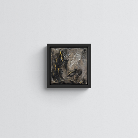 VESTIGE | Original textured abstract artwork on canvas with neutral palette, gold-leaf and sand | 20X20cm | ready to hang in black Obeche wood frame. Chris Moss Art