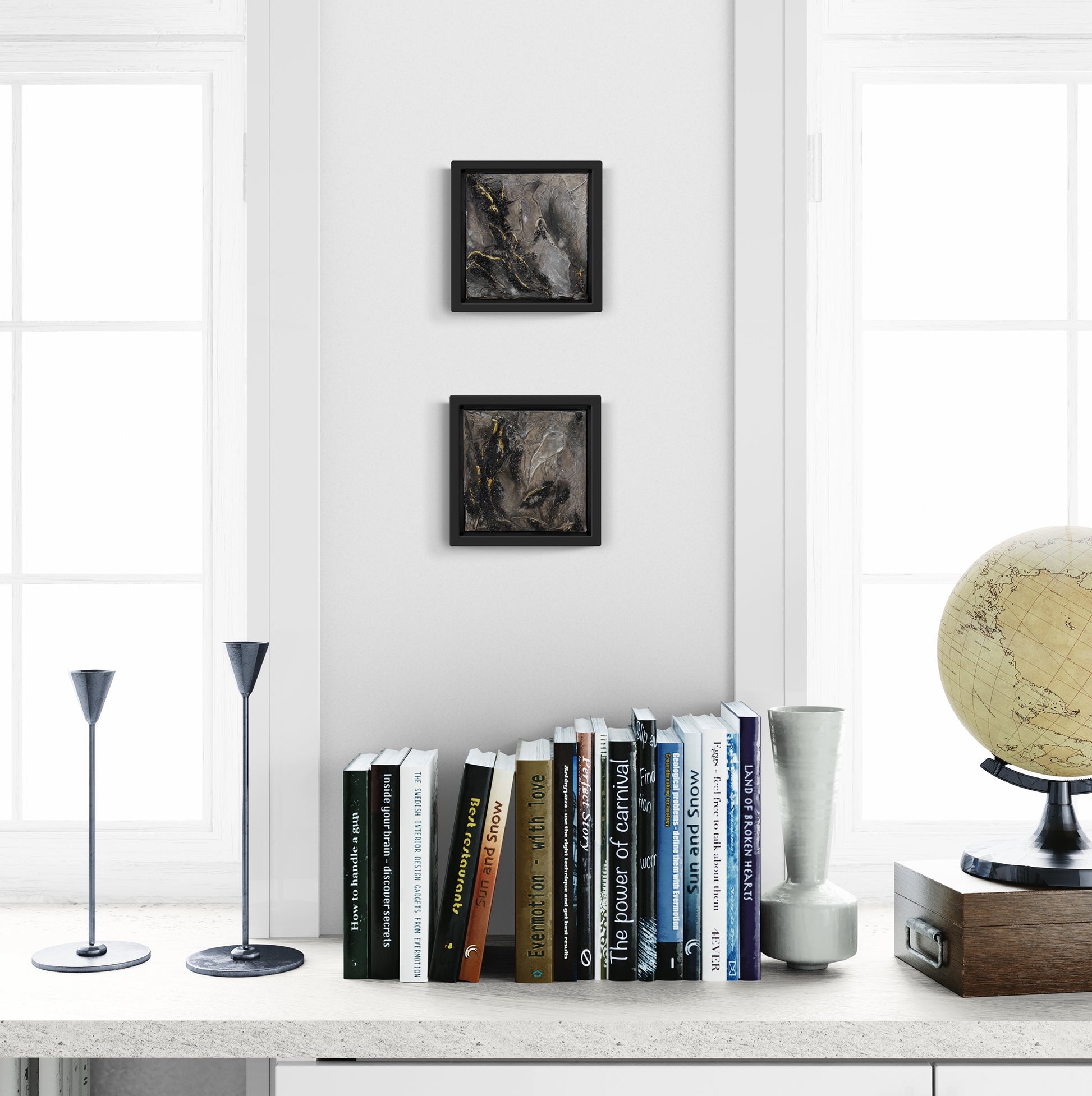 VESTIGE | Original textured abstract artwork on canvas with neutral palette, gold-leaf and sand | 20X20cm | ready to hang in black Obeche wood frame. Chris Moss Art