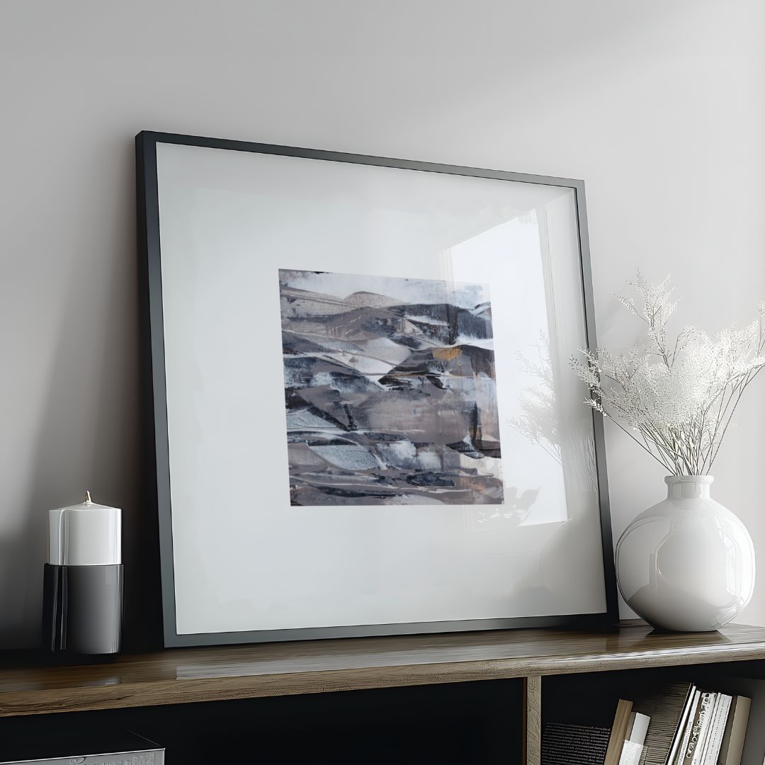 Vesper | neutral gold taupe black and white abstract fine art print | styled in black frame on wood console with decorative objects | Chris Moss Art