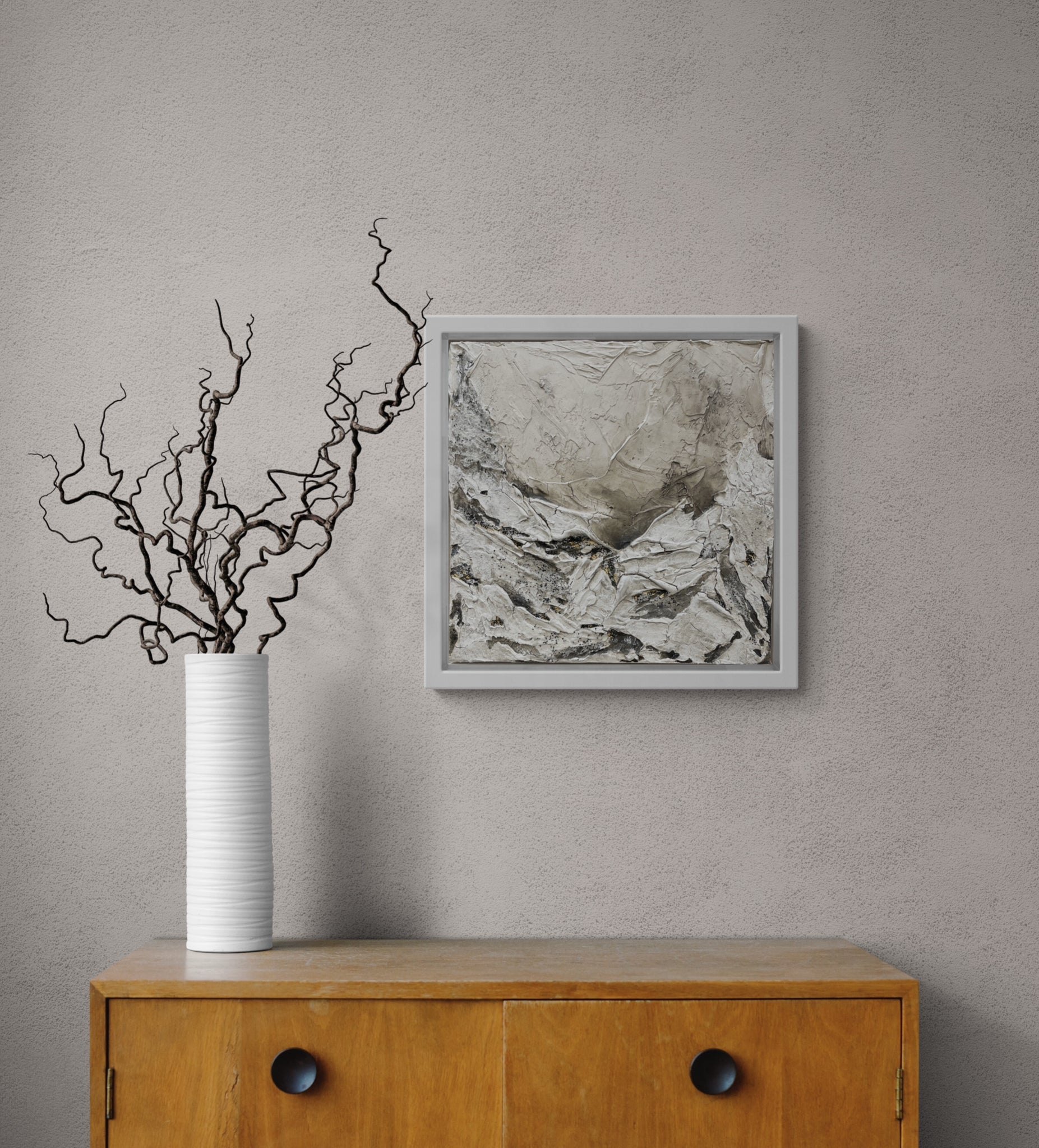 Vestal | Original textured abstract artwork on canvas with neutral palette, gold-leaf and sand |7070cm | ready to hang in white Obeche wood frame. Chris Moss Art