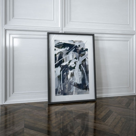 WKND | monochrome abstract fine art print | framed in black against a white panel wall with dark parque flooring | Chris Moss Art