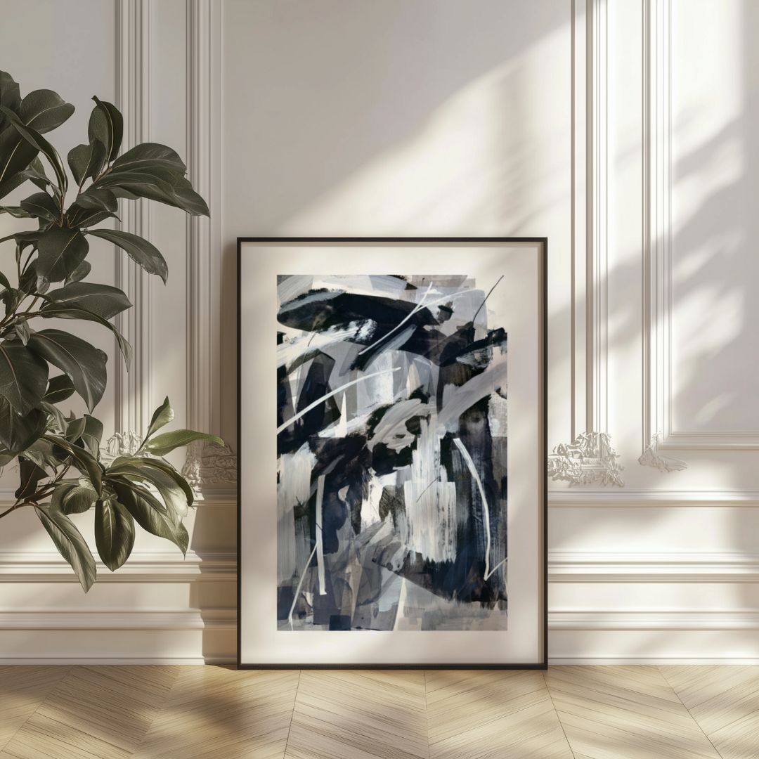 WKND | monochrome abstract fine art print | framed in black against a white panel wall with light parque flooring | Chris Moss Art