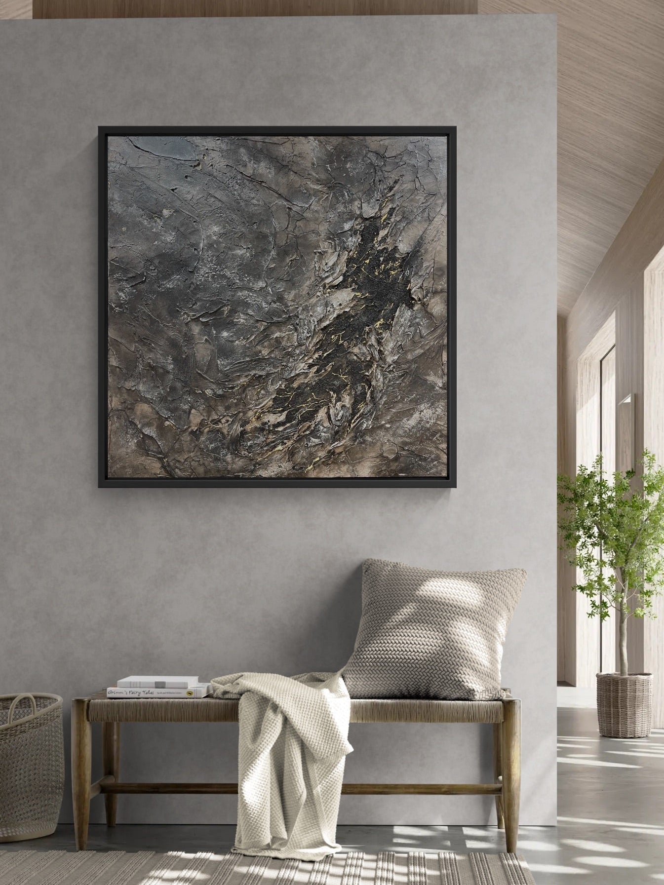 Modern interior with abstract art on a gray wall, bench, and plants.