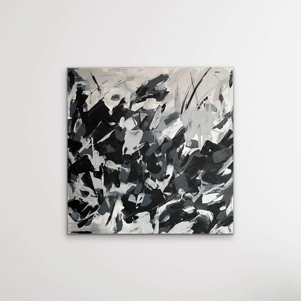 Cascade. Monochrome abstract painting on canvas. 61x61cm. Chris Moss Art.