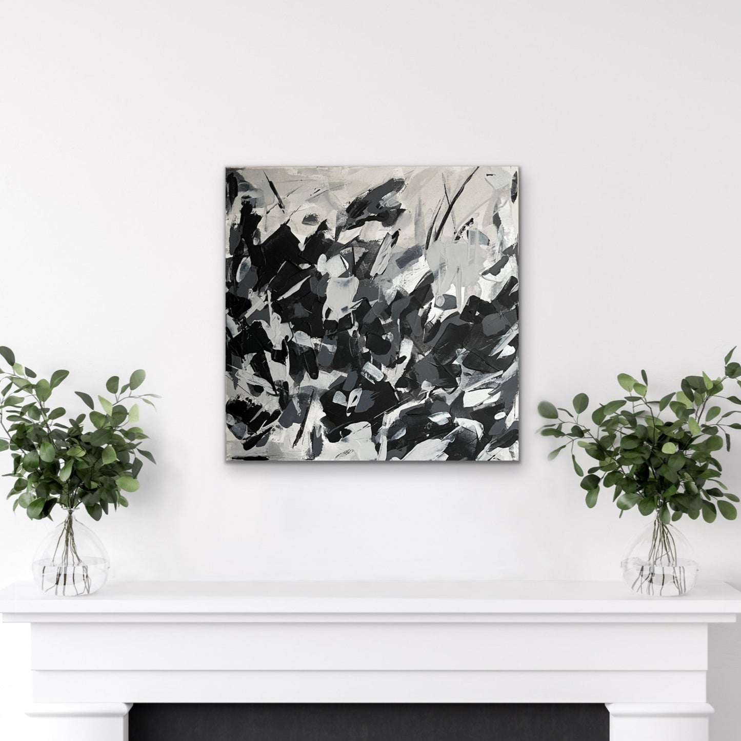 Cascade. Monochrome abstract painting on canvas. 61x61cm. Chris Moss Art.