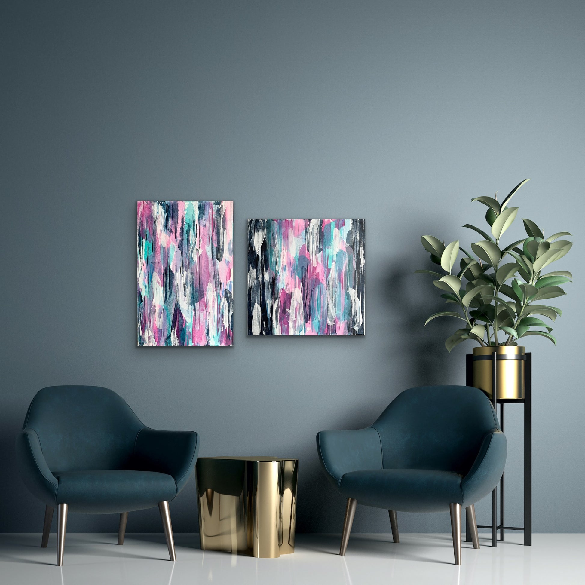 Nouveau & Deco. Pink, blue and teal abstract paintings on canvas. 50x76cm and 61x61cm. Chris Moss Art.