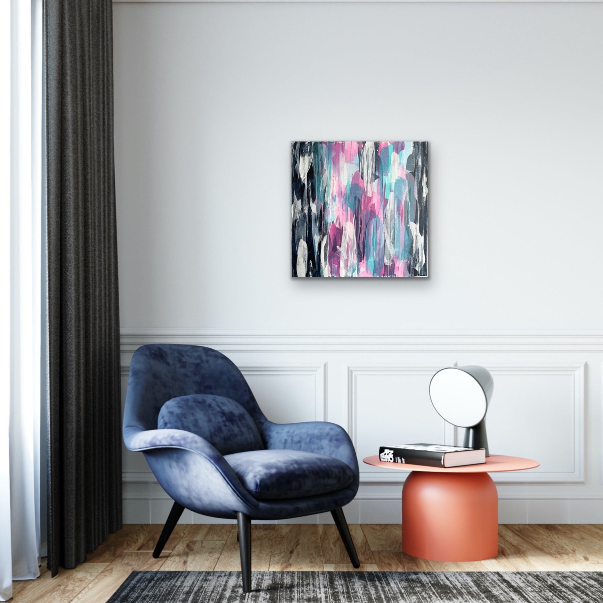 Nouveau. Pink, blue and teal abstract painting on canvas. 61x61cm. Chris Moss Art.