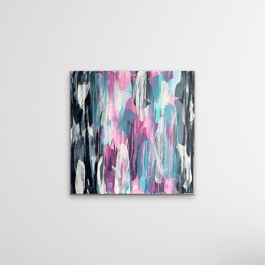 Nouveau. Pink, blue and teal abstract painting on canvas. 61x61cm. Chris Moss Art.