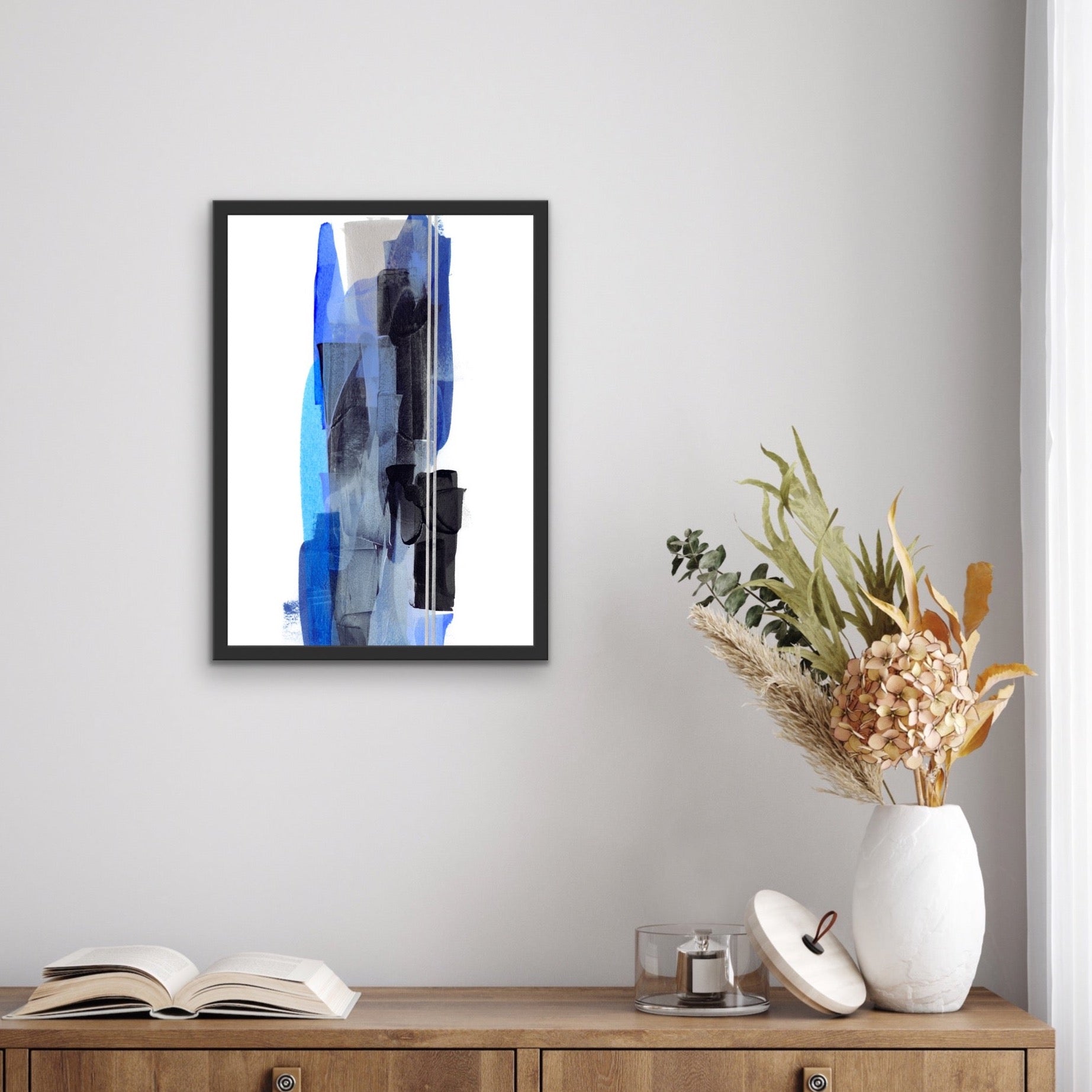 Dare, blue abstract framed fine art print, high quality. Chris Moss Art. 15% off first order.