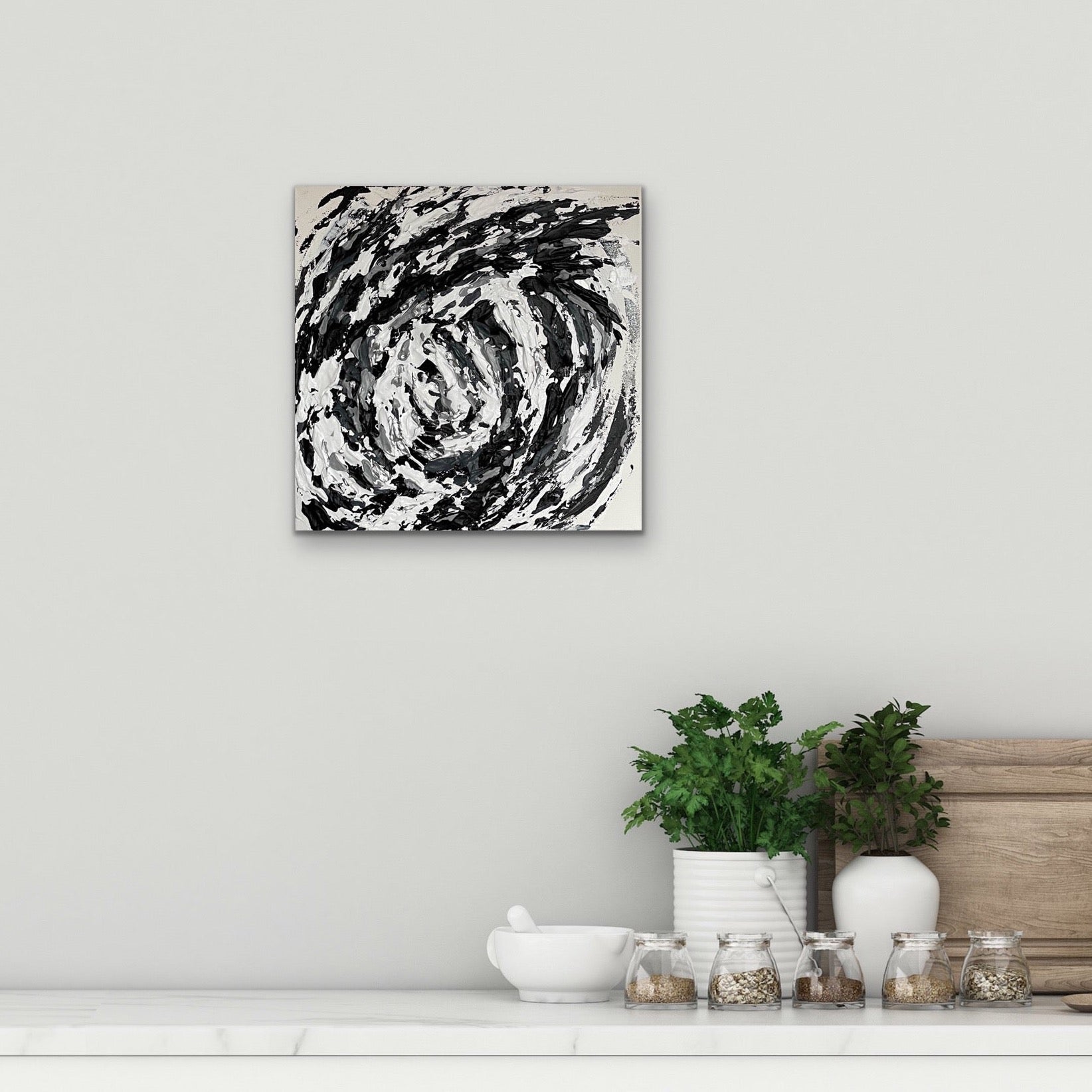 Hurricane Bianca. Textured, monochrome original abstract painting on canvas. 40x40cm. Chris Moss Art