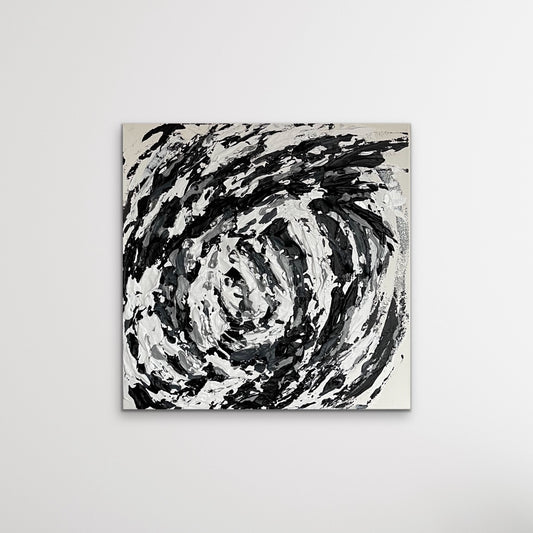 Hurricane Bianca. Textured, monochrome original abstract painting on canvas. 40x40cm. Chris Moss Art