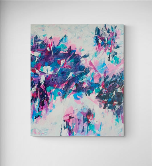 Icon. Blue, pink, teal abstract painting on canvas. 100x120cm. Chris Moss Art.