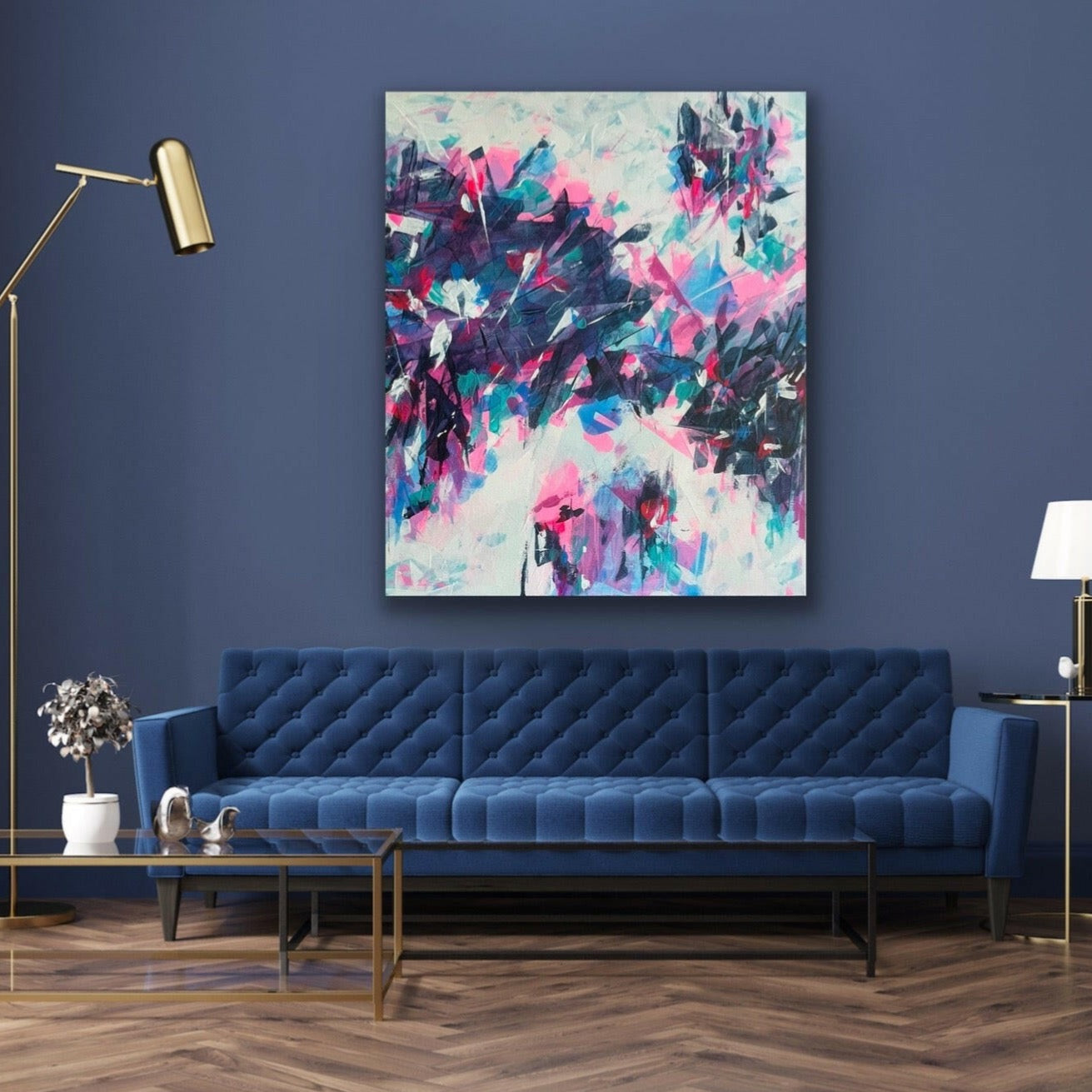 Icon. Blue, pink, teal abstract painting on canvas. 100x120cm. Chris Moss Art.