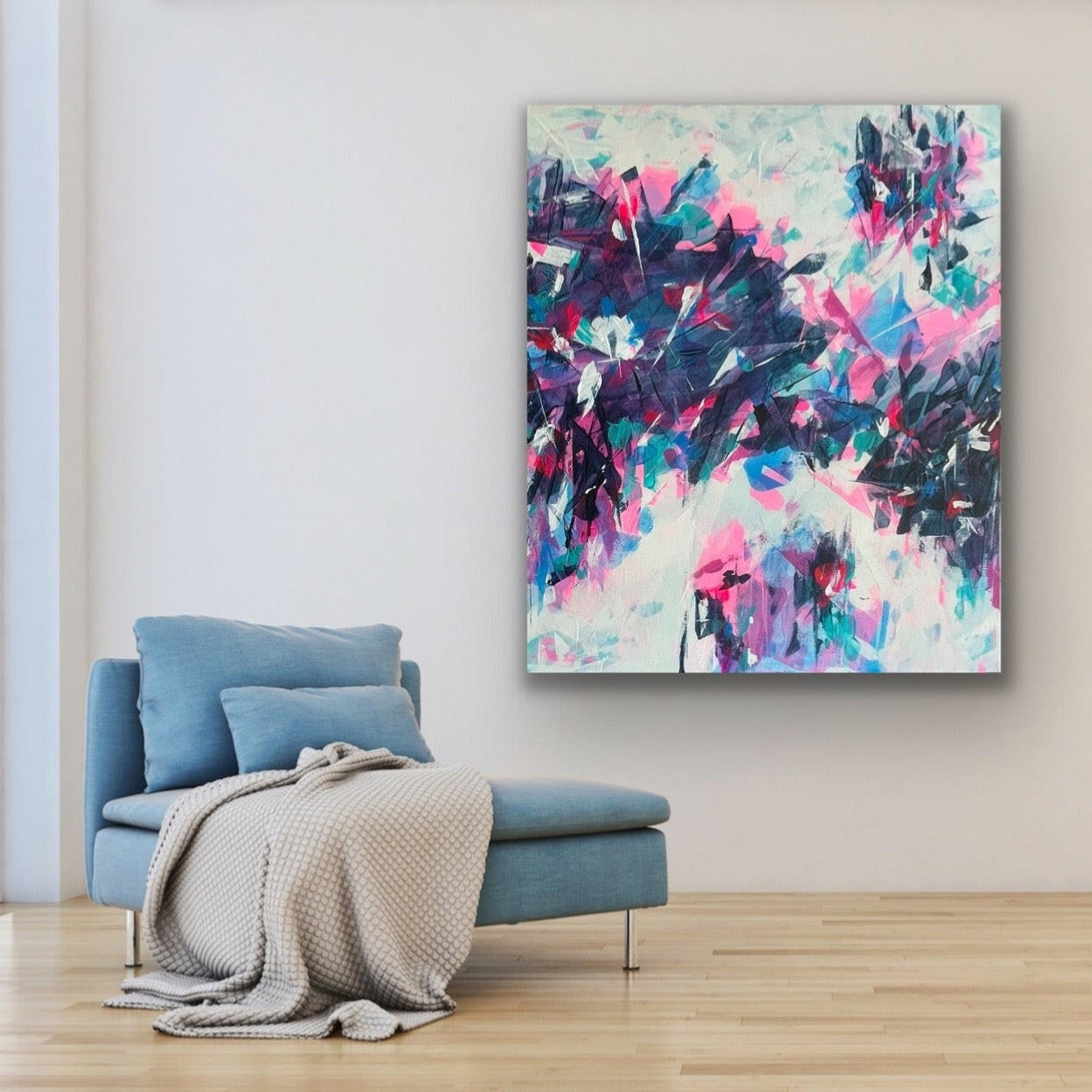 Icon. Blue, pink, teal abstract painting on canvas. 100x120cm. Chris Moss Art.