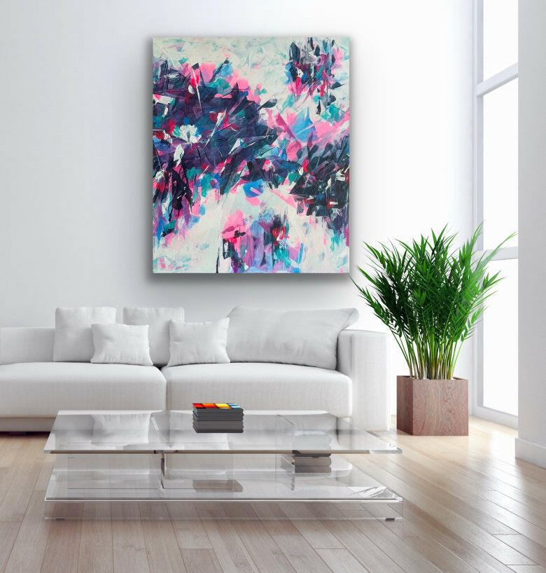 Icon. Blue, pink, teal abstract painting on canvas. 100x120cm. Chris Moss Art.