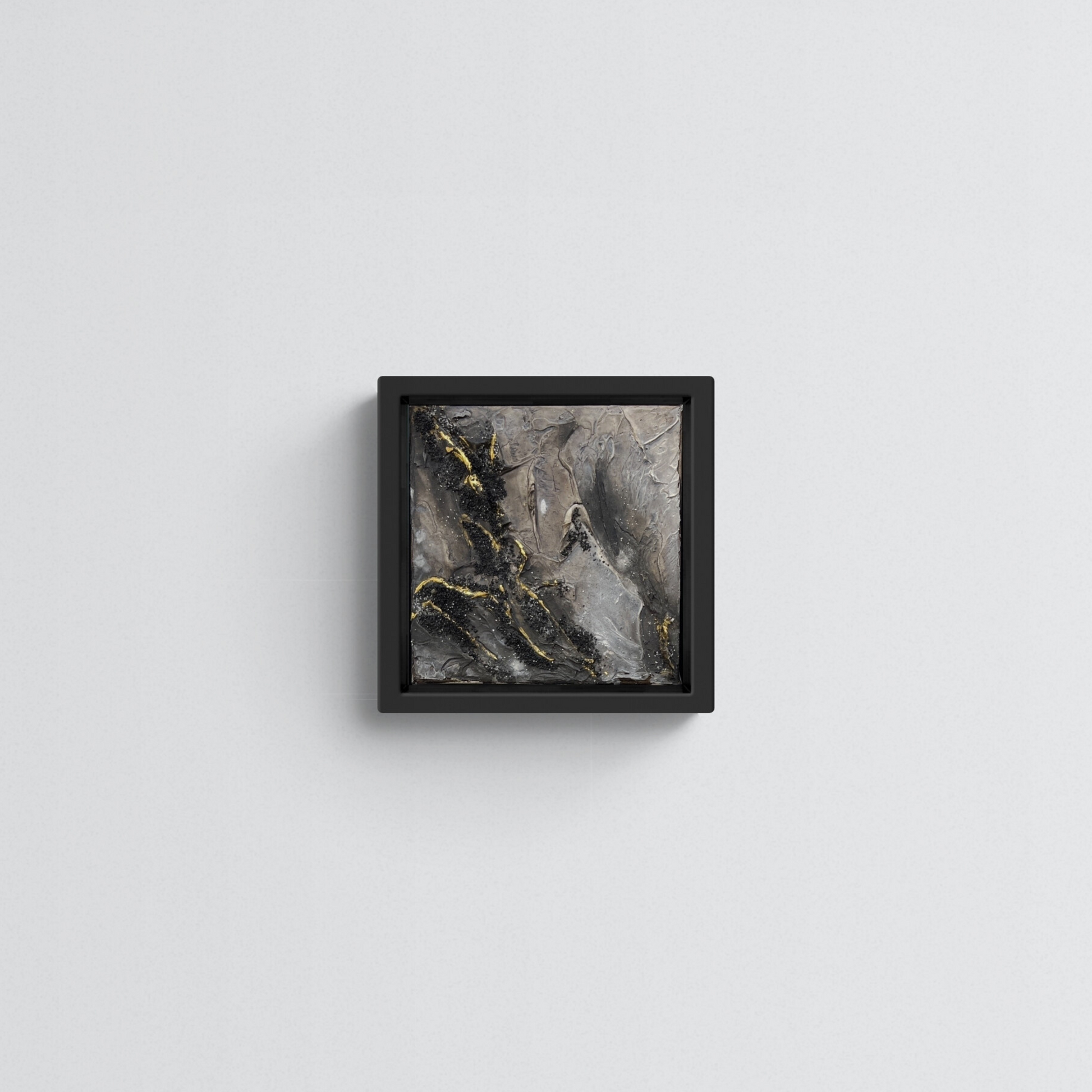 TOKEN | Original textured abstract artwork on canvas with neutral palette, gold-leaf and sand | 20X20cm | ready to hang in black Obeche wood frame. Chris Moss Art