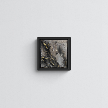 TOKEN | Original textured abstract artwork on canvas with neutral palette, gold-leaf and sand | 20X20cm | ready to hang in black Obeche wood frame. Chris Moss Art