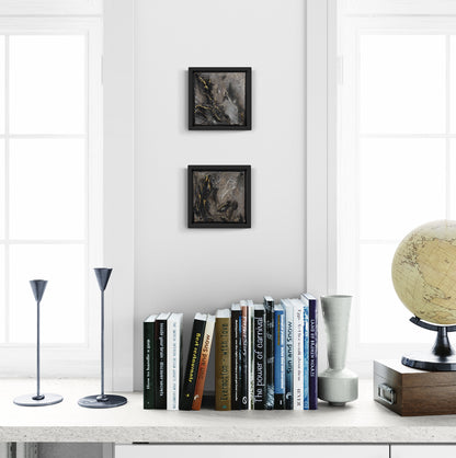 VESTIGE & TOKEN | Original textured abstract artworkS on canvas with neutral palette, gold-leaf and sand | 20X20cm | ready to hang in black Obeche wood frame. Chris Moss Art